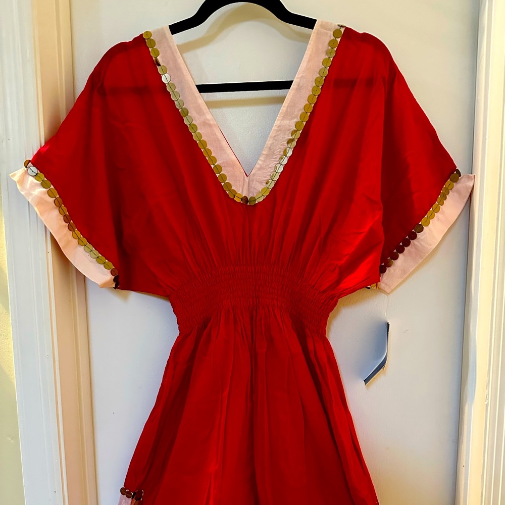 NWT French Connection swim cover, hot pink w copper beading